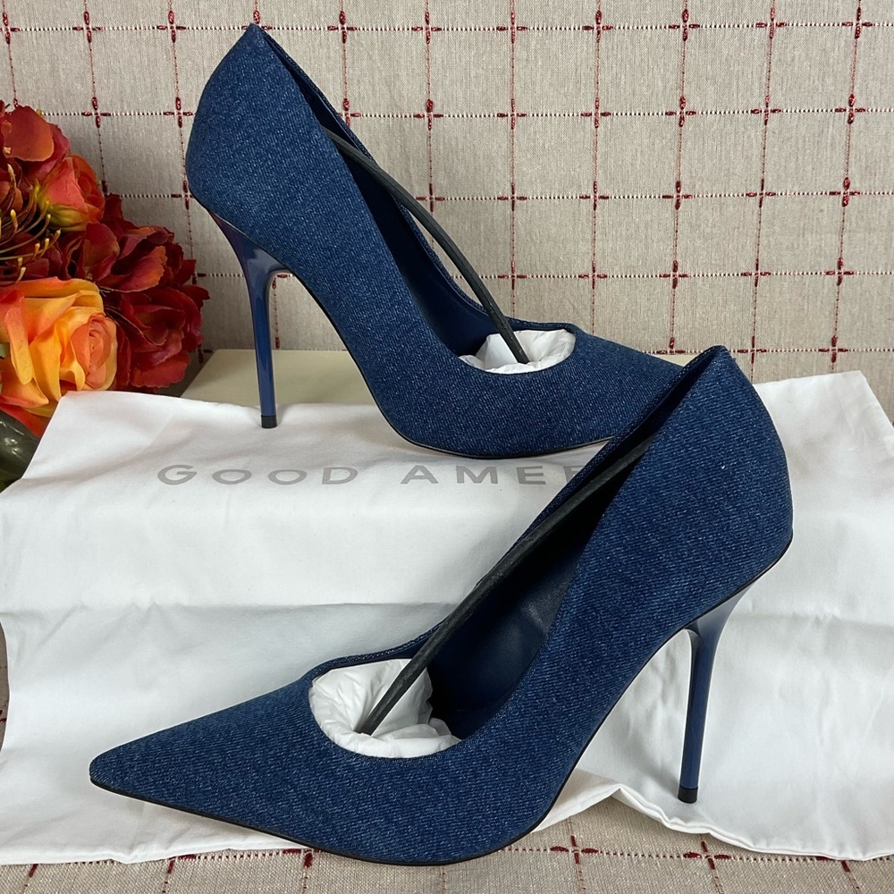GOOD AMERICAN “Emma” Denim Heel Ultra High Blue Denim Stilettos Sz 9.5 New - Picture 1 of 7